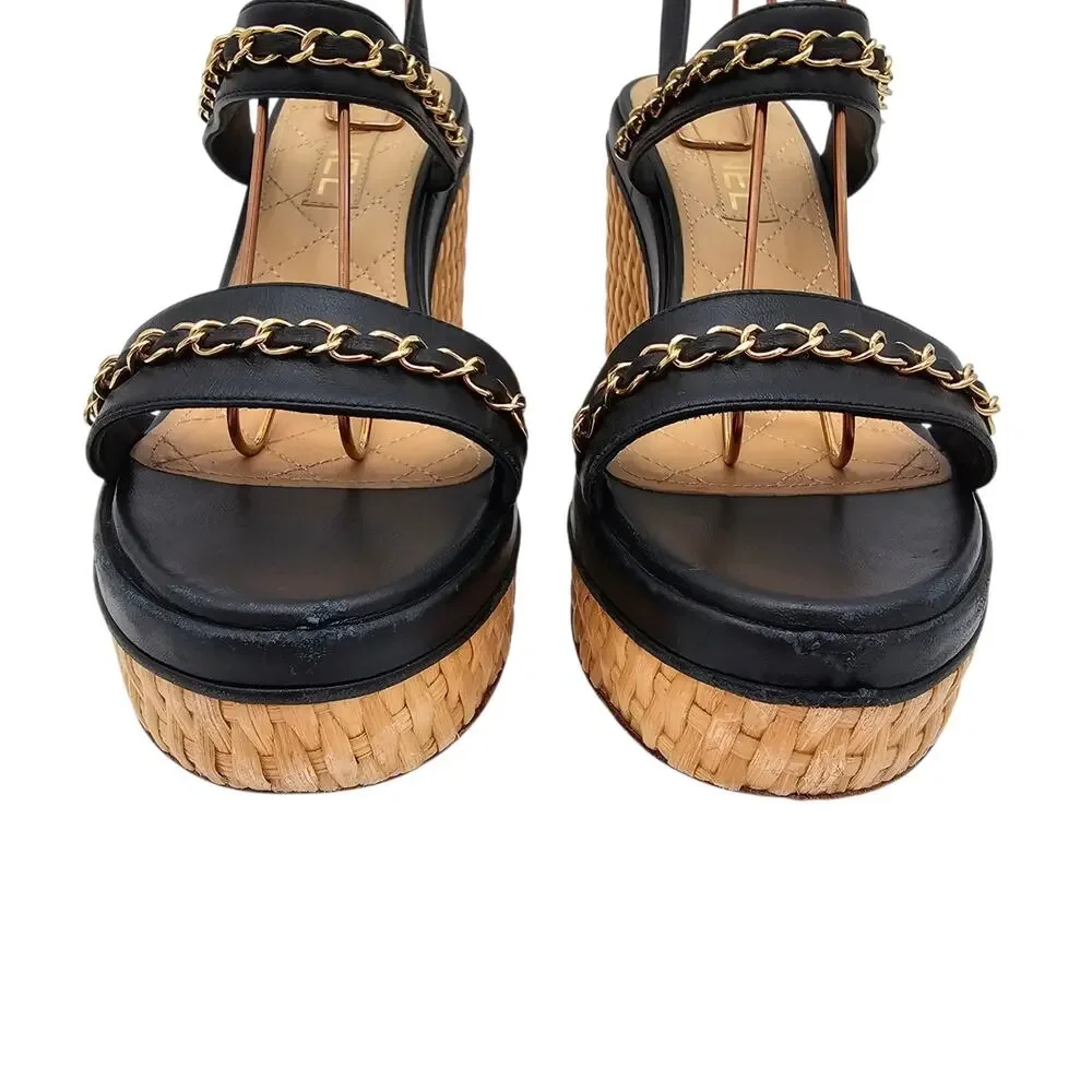 Chanel CC Chain Black Leather Platform Wedge Sandal Gold Brown Size 39 8 8.5
